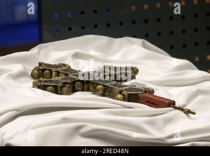 Zagreb, Croatia. 27th July, 2023. Press conference on the occasion of the handover of the processional cross from the 14th century, which was alienated from the Franciscan monastery in Zadar half a century ago. The conference was attended by Minister of Foreign Affairs Gordan Grlic Radman, Minister of Culture Nina Obuljen Korzinek, Ambassador of the Republic of Croatia in Italy, Jasen Mesic and Ambassador of Italy in the Republic of Croatia Pierfrancesco Sacco, in Zagreb, Croatia, on July 27, 2023. Photo: Zeljko Hladika/PIXSELL Credit: Pixsell/Alamy Live News Stock Photo