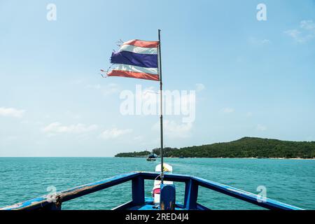 Selective focus. Thailand flag on the stern of a ship. Boat underway. Stern of ship in Thailand. Thai flag Stock Photo