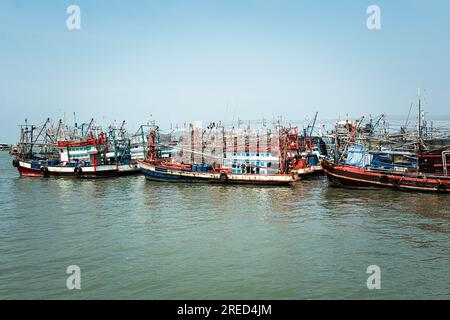 Fishing boat is out fishing. Fishermen is a career that has been popular in the seaside city of Thailand. many fishing boats in the seaport Stock Photo