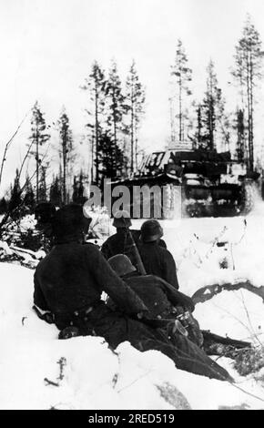 Waffen-SS soldiers fighting on the Eastern Front in November 1941. In the background is a Panzer III. Photo: Slapak. [automated translation] Stock Photo