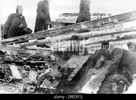 German soldiers with an infantry gun in a position on the Eastern Front. Photo: Knittel [automated translation] Stock Photo
