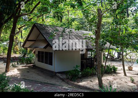 bamboo hut bungalows on the beach in Thailand. simple backpacker accommodation in Thailand on beach in a garden Stock Photo