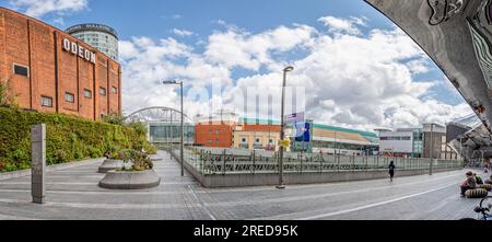 View towards the Bullring Shopping Mall from the Eastern entrance to Birmingham New Street Station, West Midlands, UK on 23 July 2023 Stock Photo