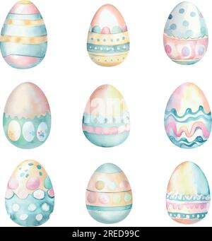 Set of watercolor easter eggs isolated on white background. Hand drawn illustration Stock Vector