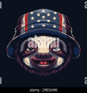 Sloth wearing bucket hat america flag vector illustration for your company or brand Stock Vector