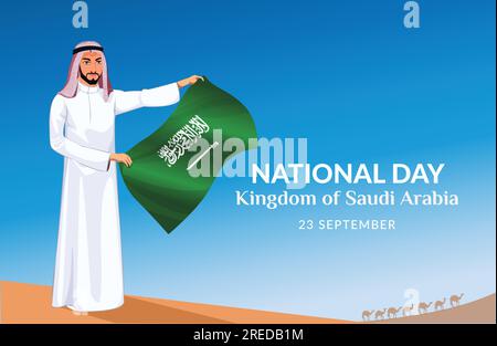 Saudi National Day, Kingdom of Saudi Arabia Flag Day, Al Yaom ul Watany, Arab man standing with Flag Stock Vector