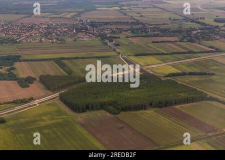 Aerial view of M4 motorway construction site and Peteri village east of Budapest, Hungary Stock Photo