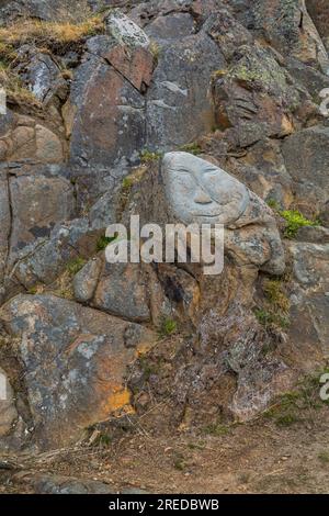 Face, Rock art carvings, part of Stone & Man project by local artist Aka Høegh at Qaqortoq, Greenland in July Stock Photo