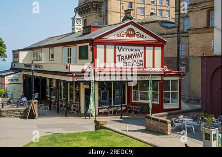 Seaside Victorian tramway tram station to the beach and cafe in summer Scarborough North Yorkshire England UK United Kingdom GB Great Britain Stock Photo