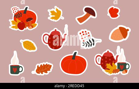 Autumn cute and cozy sticker pack with hot tea, mushrooms, pumpkin, acorn and autumn leaves. Vector flat illustration Stock Vector