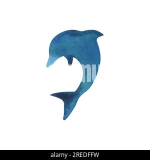 Blue turquoise dolphin silhouette, simple with beautiful texture. Nautical watercolor illustration hand drawn in childish abstract style. Isolated Stock Photo