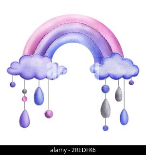 A stitched rainbow with clouds and raindrops hanging from ropes in blue, purple and pink. Childish cute hand drawn watercolor illustration. Isolated Stock Photo