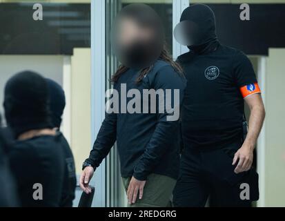 *** Attention all users - refiling with blurred accused***  Accused Osama Krayem arrives for a session to read the verdict of the trial of the terrorist attacks of March 22, 2016, at the Brussels-Capital Assizes Court, Tuesday 25 July 2023 at the Justitia site in Haren, Brussels. On March 22 2016, 32 people were killed and 324 got injured in suicide bombings at Zaventem national airport and Maalbeek/ Maelbeek metro station, which were claimed by ISIL.   BELGA PHOTO STAFF Stock Photo