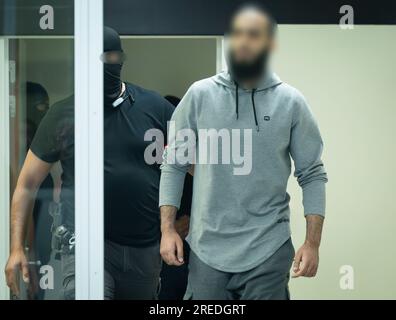 *** Attention all users - refiling with blurred accused***  Accused Sofien Ayari pictured during a session to read the verdict of the trial of the terrorist attacks of March 22, 2016, at the Brussels-Capital Assizes Court, Tuesday 25 July 2023 at the Justitia site in Haren, Brussels. On March 22 2016, 32 people were killed and 324 got injured in suicide bombings at Zaventem national airport and Maalbeek/ Maelbeek metro station, which were claimed by ISIL.   BELGA PHOTO STAFF Stock Photo