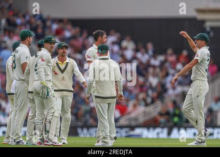 Mitchell Starc of Australia celebrates the dismissal of Ben Stokes of England during the LV= Insurance Ashes Fifth Test Series Day One England v Australia at The Kia Oval, London, United Kingdom, 27th July 2023  (Photo by Gareth Evans/News Images) in London, United Kingdom on 7/27/2023. (Photo by Gareth Evans/News Images/Sipa USA) Stock Photo