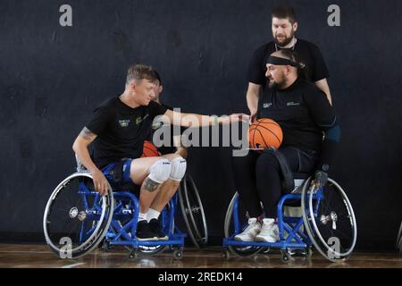 KYIV, UKRAINE - JULY 27, 2023 - Members of Team Ukraine at the Invictus Games 2023 hold an open training session in wheelchair basketball at the Svoi Stock Photo