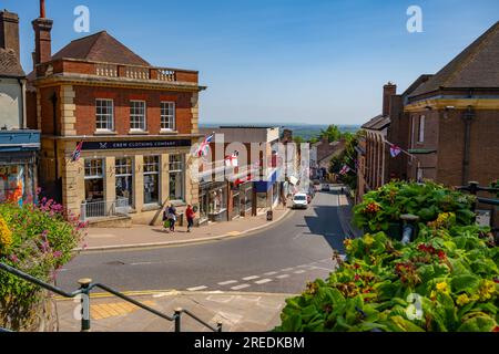 Looking down Church Street in Great Malvern on a sunny summer day. Stock Photo