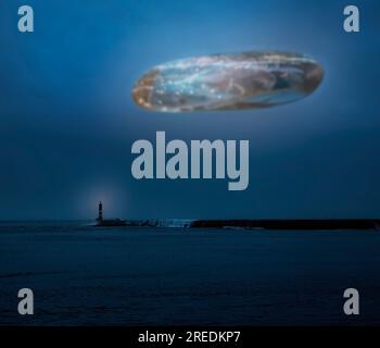 Unknown flying object over river mouth at dusk or night Stock Photo