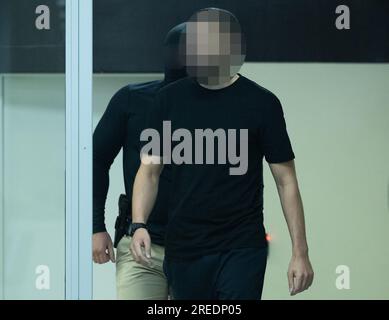 *** Attention all users - refiling with blurred accused***  Accused Mohamed Abrini arrives for a session to read the verdict of the trial of the terrorist attacks of March 22, 2016, at the Brussels-Capital Assizes Court, Tuesday 25 July 2023 at the Justitia site in Haren, Brussels. On March 22 2016, 32 people were killed and 324 got injured in suicide bombings at Zaventem national airport and Maalbeek/ Maelbeek metro station, which were claimed by ISIL.   BELGA PHOTO STAFF Stock Photo