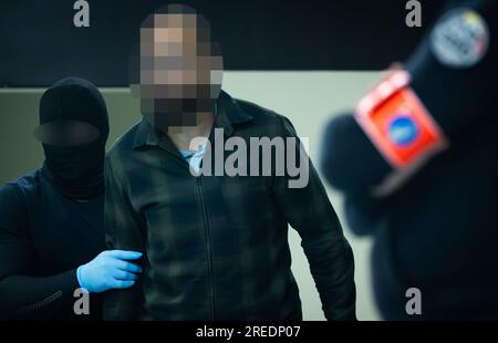 *** Attention all users - refiling with blurred accused***  Accused Bilal El Makhoukhi arrives for a session to read the verdict of the trial of the terrorist attacks of March 22, 2016, at the Brussels-Capital Assizes Court, Tuesday 25 July 2023 at the Justitia site in Haren, Brussels. On March 22 2016, 32 people were killed and 324 got injured in suicide bombings at Zaventem national airport and Maalbeek/ Maelbeek metro station, which were claimed by ISIL.   BELGA PHOTO STAFF Stock Photo