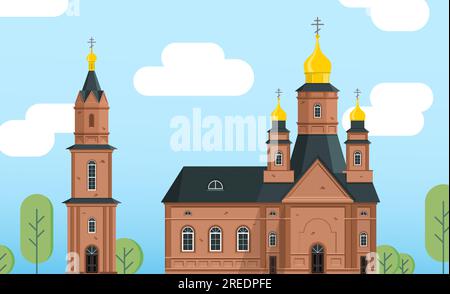 church and bell tower color flat illustration Stock Vector