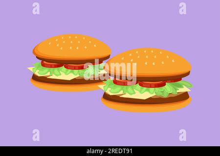 Cartoon flat style drawing two fresh delicious American cheeseburger restaurant logo badge. Fastfood burger cafe shop template. Fast food beef burger Stock Photo