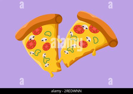 Character flat drawing two Italian pizza logo label. Emblem fast food pizzeria restaurant concept for cafe, shop or food delivery service. Delicious m Stock Photo