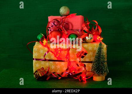 christmas gifts,  close up,wrapped presents, merry christmas,christmas decoration with free copy space Stock Photo
