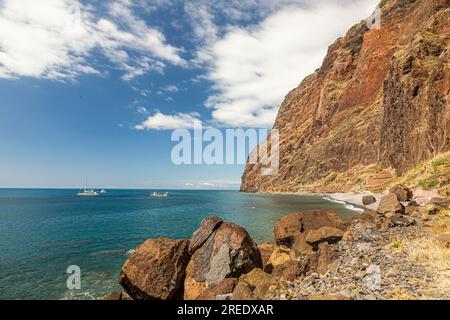 View over the stony beach of Fajas de Cabo Girao on the Portugese island of Madeira Stock Photo
