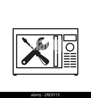 A microwave with a screwdriver and a wrench on the door as an example of a repair service on a white background Stock Vector
