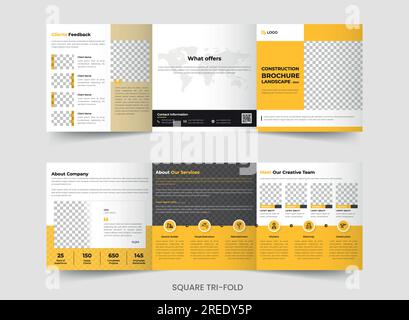 Construction Square Trifold Brochure, Real Estate Company Template Design. Stock Vector