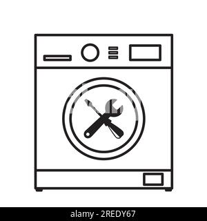 A washing machine with a screwdriver and a wrench on the door as an example of a repair service on a white background Stock Vector