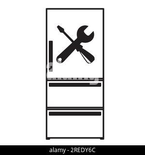 A refrigerator with a screwdriver and a wrench on the door as an example of a repair service on a white background Stock Vector