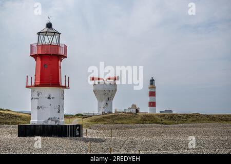 Red and white flaking paintwork on the Lighthouse and Foghorn at Point of Ayre on the Isle of Man Stock Photo