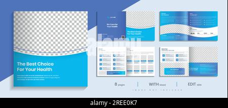 Health care and medical company Square landscape brochure template, 8 pages layout design. Stock Vector