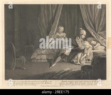 Pamela Swooning, after having discovered Mr. B. in the closet, He (frighted) endeavouring to recover her, Mrs. Jervis wringing her hands, and screaming 1745 by Guillaume Philippe Benoist Stock Photo