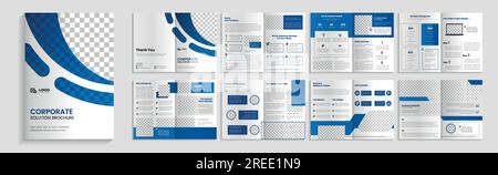 Corporate business solution brochure, 16 page company profile brochure editable template layout design. Stock Vector