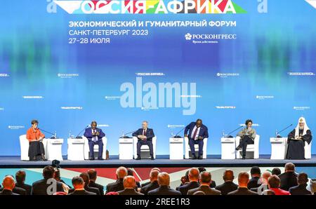 St Petersburg, Russia. 27th July, 2023. Leaders take part in a plenary session of the 2nd Russia-Africa Summit and Economic and Humanitarian Forum at the ExpoForum Congress Exhibition Center, July 27, 2023 in St. Petersburg, Russia. Sitting from left: Russian Academy of Sciences Institute for African Studies Irina Abramova, African Union President Azali Assoumani, Russian President Vladimir Putin, African Export-Import Bank Chairman Benedict Oramah, New Development Bank President Dilma Rousseff and Patriarch Kirill of Moscow and All Russia. Credit: Kremlin Pool/Kremlin Pool/Alamy Live News Stock Photo