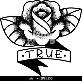 Traditional rose tattoo with ribbon and lettering on it. Vintage black and white dot work tattoo design. Old school tattoo art. Stock Vector