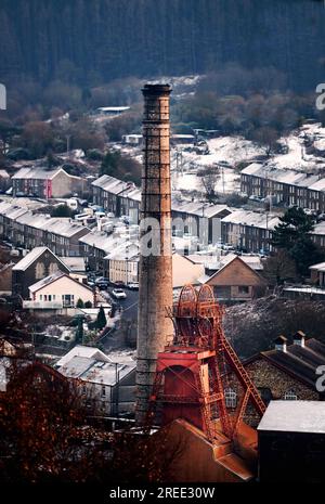 Snow on the ground and roof tops near the former Lewis Merthyr Colliery, which is now the Rhondda Heritage Park in Trehafod, near Pontypridd.  Picture Stock Photo