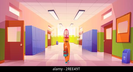 Sad muslim girl in school hallway and teenagers behind her back. Vector cartoon illustration with lonely islamic student with scarf on head. Social communication problem, bullying and racism concept Stock Vector