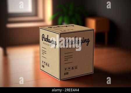 Product cubic box mockup - Realistic brown carton package with copy space Stock Photo