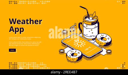 Weather app isometric landing page. Mobile phone with shining sun icon on screen near milkshake cocktail drink in glass jar with straw and donuts on yellow background, 3d vector line art web banner Stock Vector