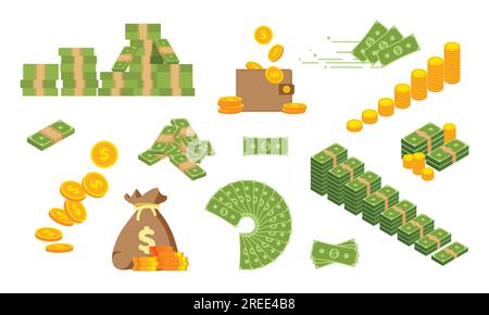Big set of green banknotes and gold coins. Dollar bill piles, bundles, stacks and heaps. Banknote fan. Vector illustration in trendy flat style. Stock Vector