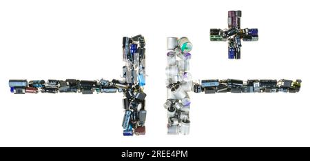 Schematic electronic symbol of polarized capacitor isolated on white background. Pictorial circuit diagram and plus sign icon. Electrolytic capacitors. Stock Photo