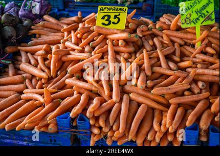 Carrot sale in the traditional farm Turkish market, a counter filled with fresh fruits Stock Photo