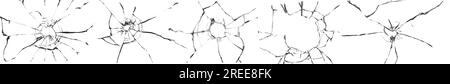 Big collection of cracks of broken glass on black background. Concept of shots on the window for design Stock Photo