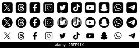 Twitter, threads, facebook, instagram, tiktok, youtube, snapchat, whatsapp, telegram. Social media logos. Editorial icons Stock Vector