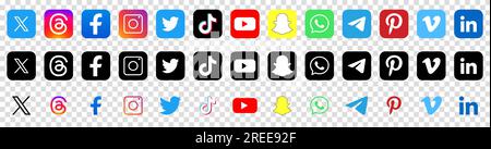 Social media icons. Twitter, threads, facebook, instagram,  tiktok, youtube, snapchat and others. Editorial logos isolated on transparent background Stock Vector