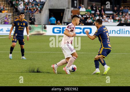 Portland, USA. 26th July, 2023. Juan Pablo Vigon (6, R) defends. The Tigres UANL of LIGA MX defeated MLS' Portland Timbers 2-1 at Providence Park in Portland, Oregon on July 26, 2023, in the inaugural Leagues Cup. This contest between Major League Soccer and LIGA MX is the first sanctioned inter-league football competition. (Photo by John Rudoff/Sipa USA) Credit: Sipa USA/Alamy Live News Stock Photo